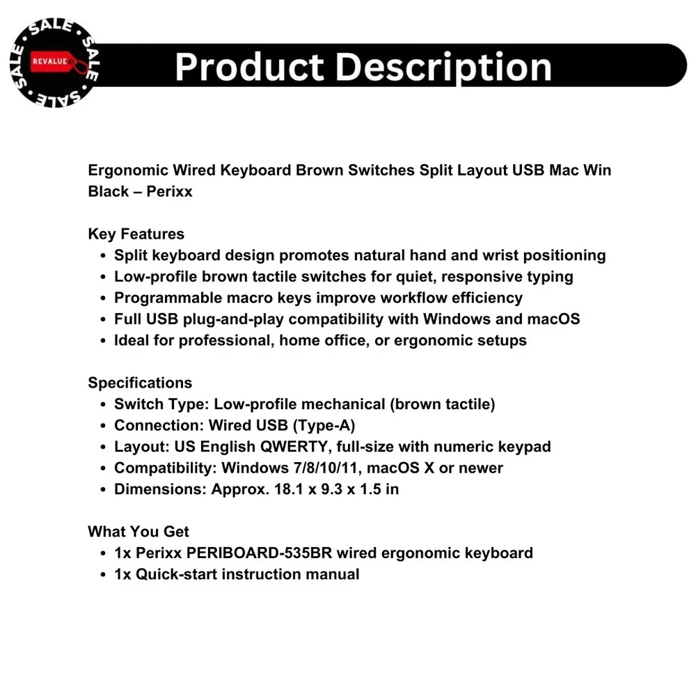 Ergonomic Wired‎ Keyboard Brown Switches Split Layout USB Mac Win Black – Perixx